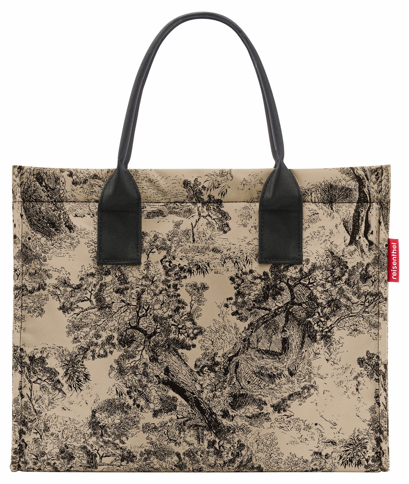 Shopper-Tasche mit schwarzem und beigem Waldmuster, schwarze Griffe, Vorderansicht