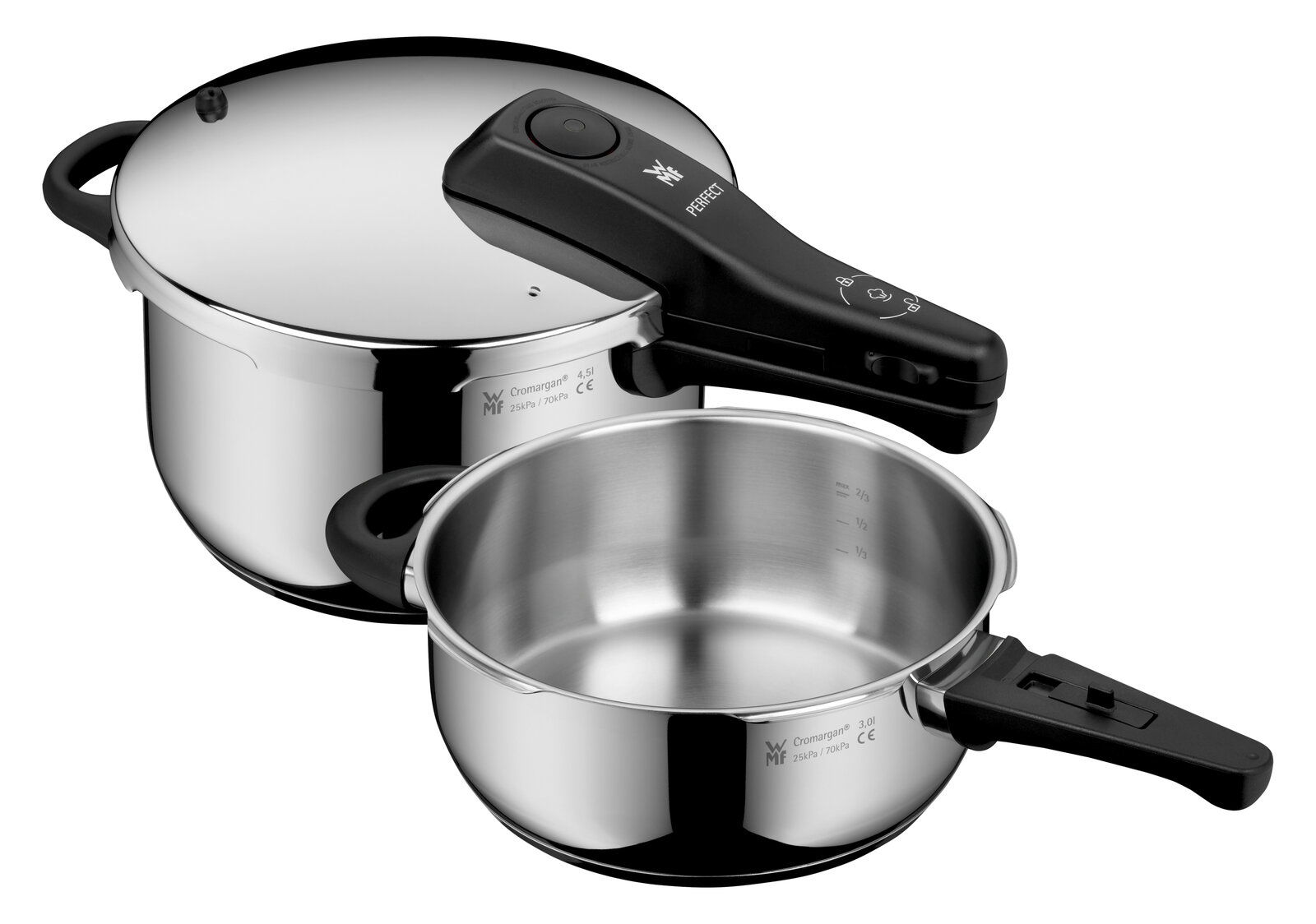 Schnelltopf Set PERFECT RDS 2t aus Edelstahl, bestehend aus zwei Töpfen mit Deckel und Griffen, in seitlicher Perspektive.