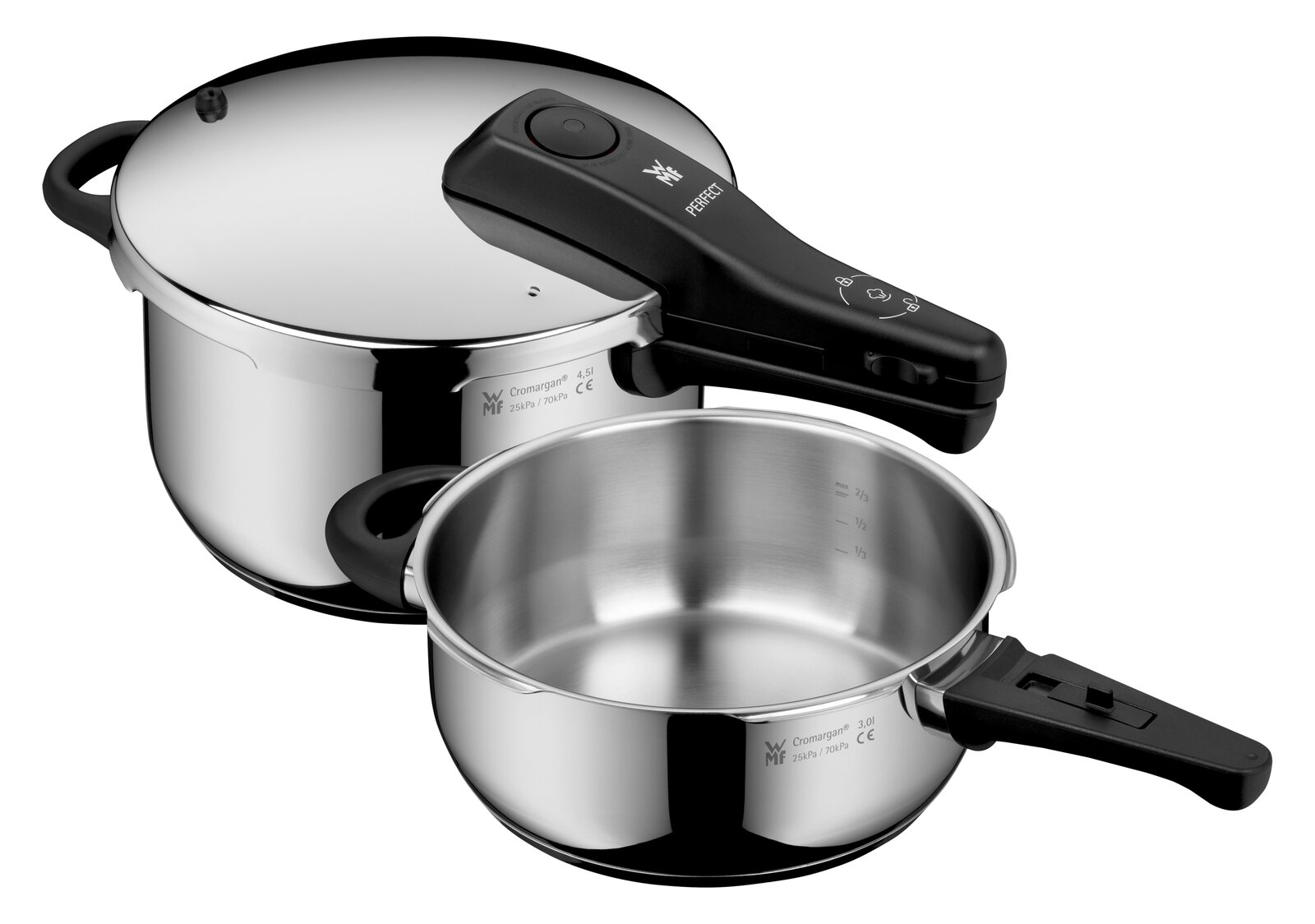 Schnelltopf Set PERFECT RDS 2t aus Edelstahl, bestehend aus zwei Töpfen mit Deckel und Griffen, in seitlicher Perspektive.