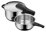 Schnelltopf Set PERFECT RDS 2t aus Edelstahl, bestehend aus zwei Töpfen mit Deckel und Griffen, in seitlicher Perspektive.