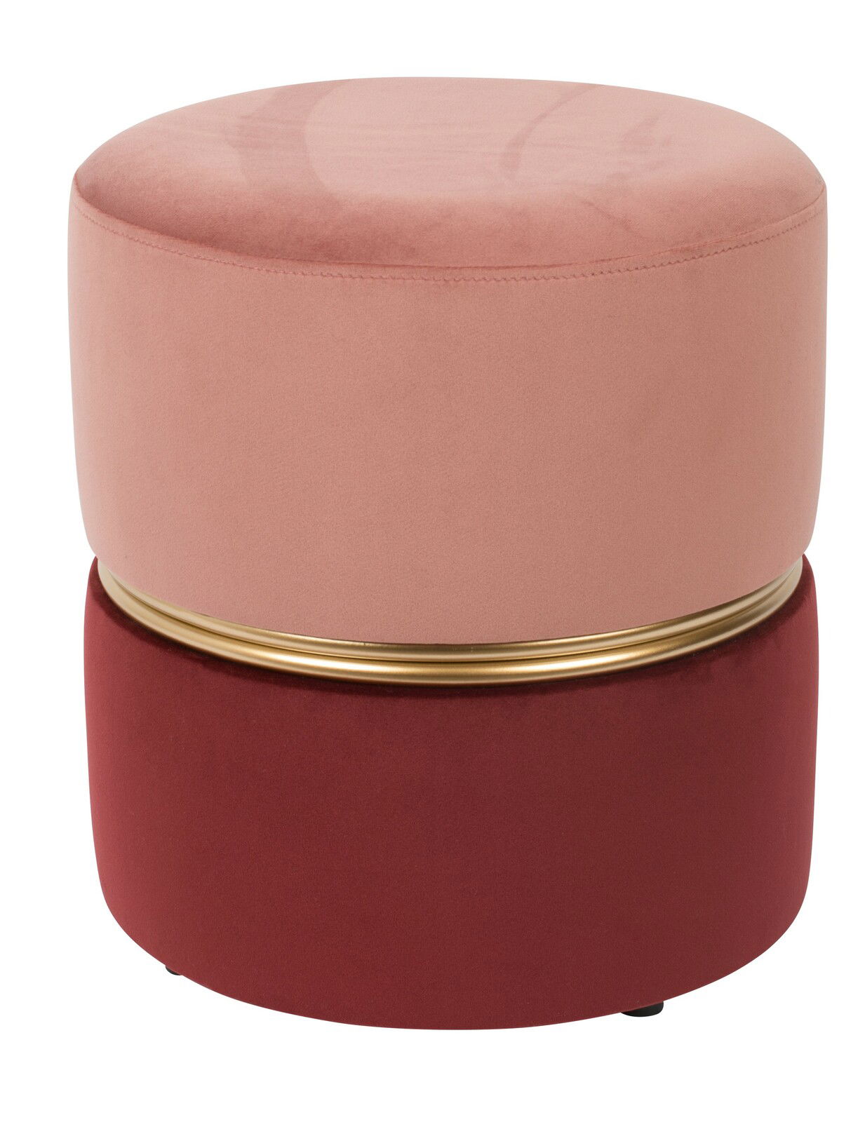 Runder Hocker in Rosa und Rot mit goldener Zierleiste, seitliche Perspektive