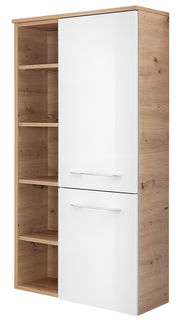 Midischrank 50,2 cm in Holzoptik mit weißen Türen, seitliche Perspektive