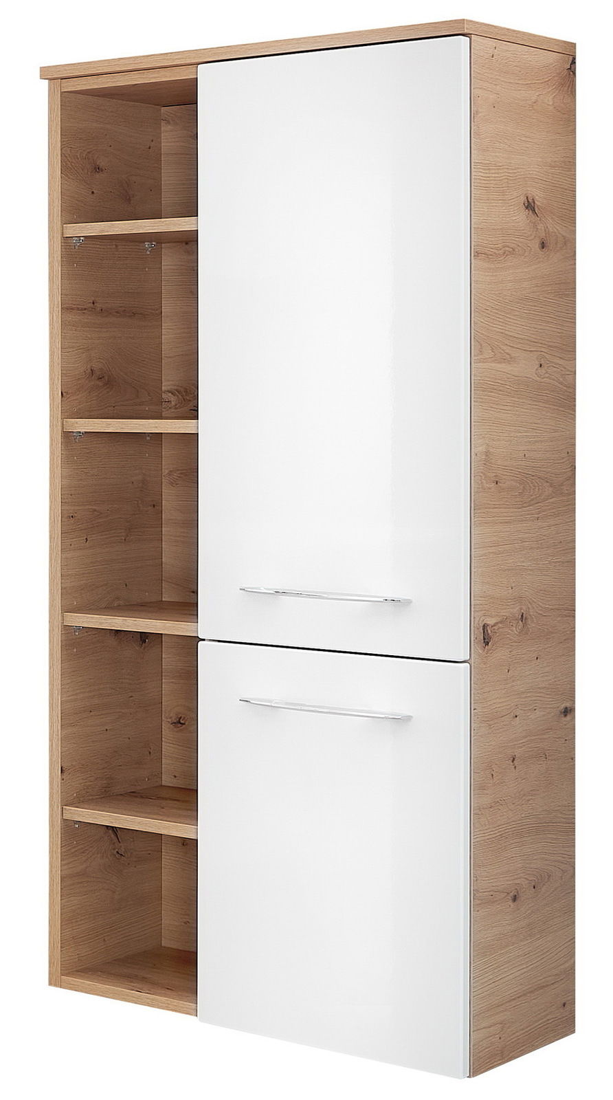 Midischrank 50,2 cm in Holzoptik mit weißen Türen, seitliche Perspektive