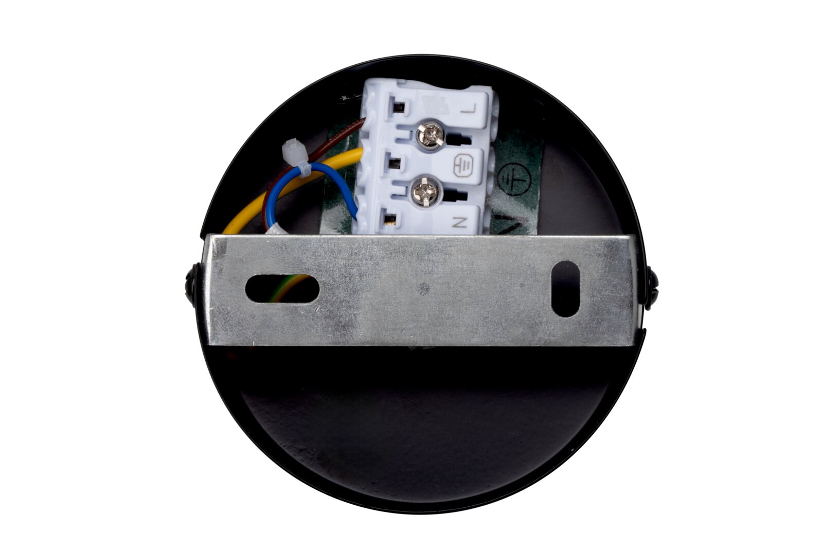 Rückansicht eines LED-Strahlers mit sichtbarer Verkabelung und Montagehalterung.