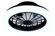 Runde Deckenleuchte mit integriertem Ventilator, schwarzes Gitter und weißer LED-Lichtring, Ansicht von unten