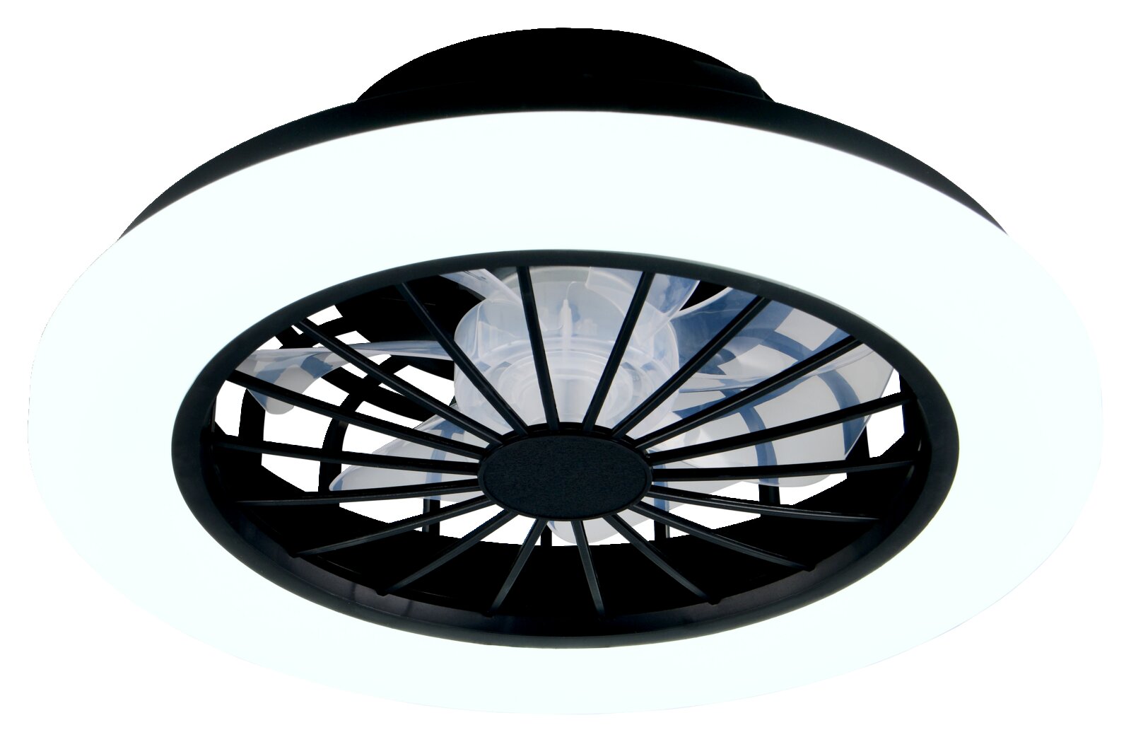 Runde Deckenleuchte mit integriertem Ventilator, schwarzes Gitter und weißer LED-Lichtring, Ansicht von unten