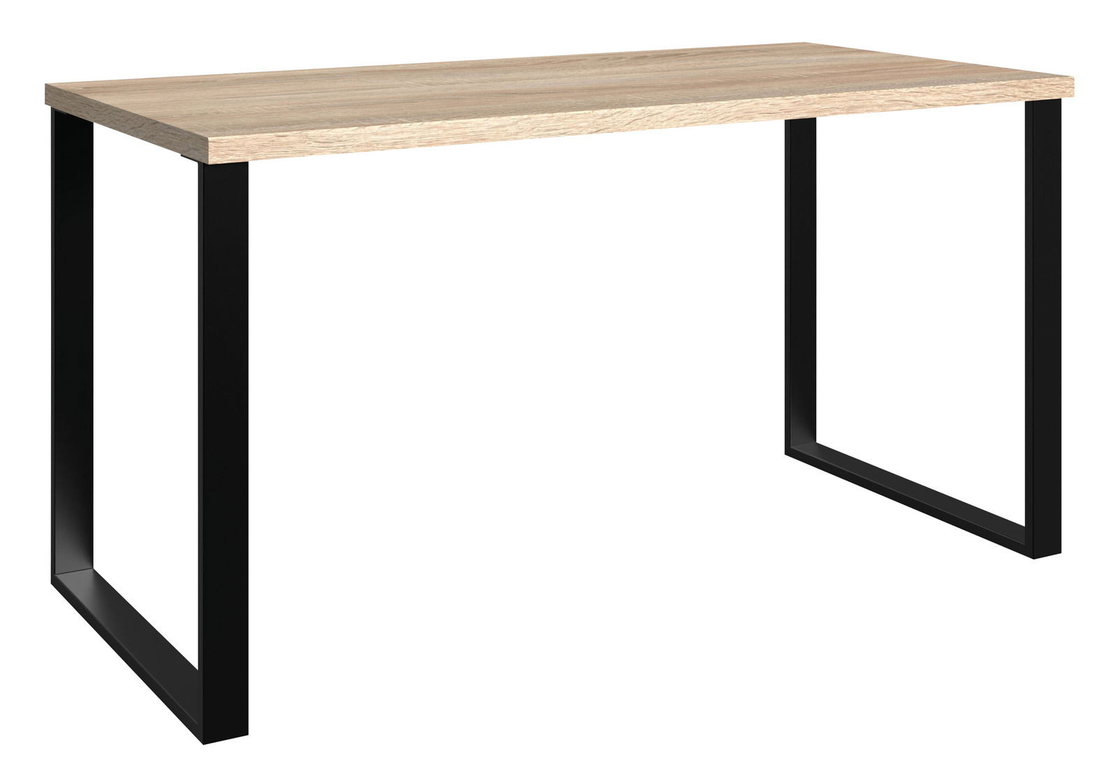 Moderner Schreibtisch mit Holzplatte und schwarzen Metallbeinen, seitliche Perspektive