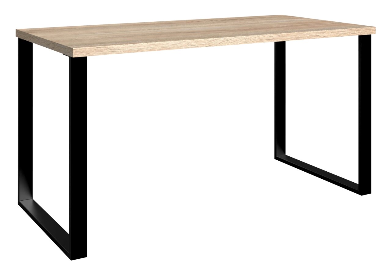 Moderner Schreibtisch mit Holzplatte und schwarzen Metallbeinen, seitliche Perspektive
