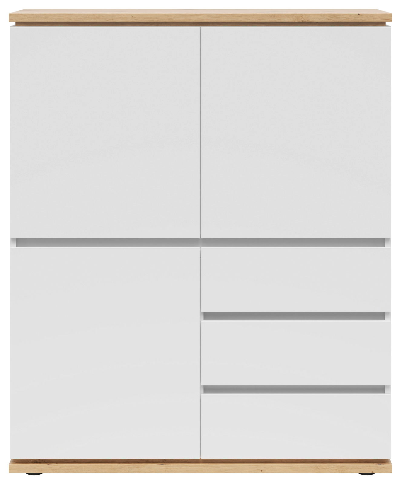 Frontansicht eines modernen weißen Highboards mit Holzdetails, zwei Türen und drei Schubladen.