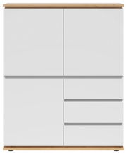 Frontansicht eines modernen weißen Highboards mit Holzdetails, zwei Türen und drei Schubladen.