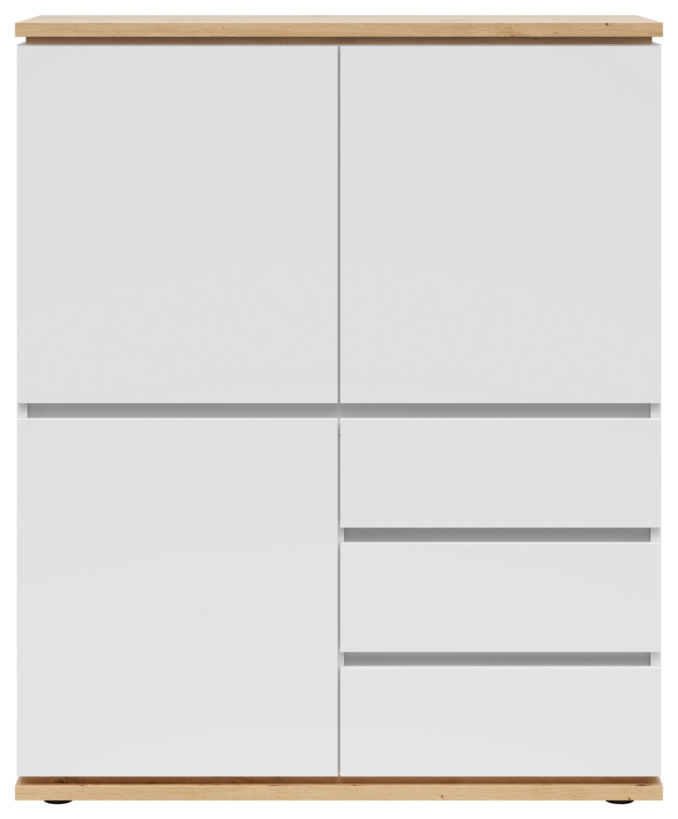 Frontansicht eines modernen weißen Highboards mit Holzdetails, zwei Türen und drei Schubladen.