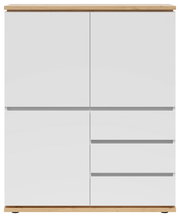 Frontansicht eines modernen weißen Highboards mit Holzdetails, zwei Türen und drei Schubladen.