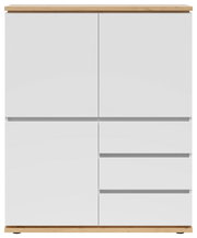 Frontansicht eines modernen weißen Highboards mit Holzdetails, zwei Türen und drei Schubladen.