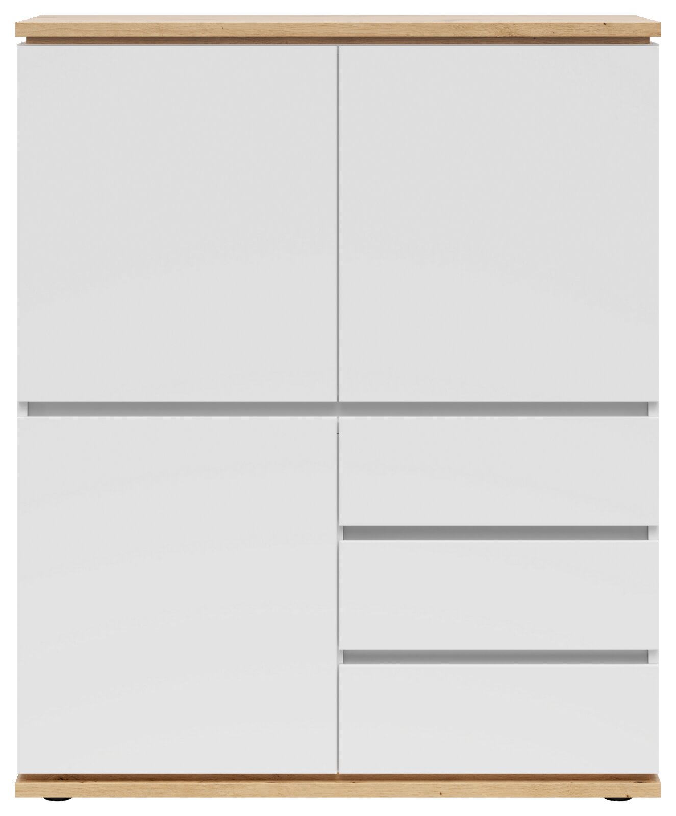 Frontansicht eines modernen weißen Highboards mit Holzdetails, zwei Türen und drei Schubladen.