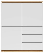 Frontansicht eines modernen weißen Highboards mit Holzdetails, zwei Türen und drei Schubladen.