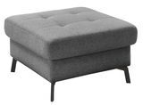 Grauer quadratischer Hocker mit gepolsterter Sitzfläche und schwarzen Metallbeinen, seitliche Perspektive