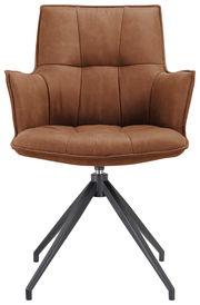 Moderner brauner Sessel mit gepolstertem Sitz und Rückenlehne, auf schwarzem Metallgestell, Frontalansicht.