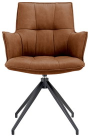 Moderne bruine fauteuil met gestoffeerde zitting en rugleuning, op een zwart metalen onderstel, vooraanzicht.