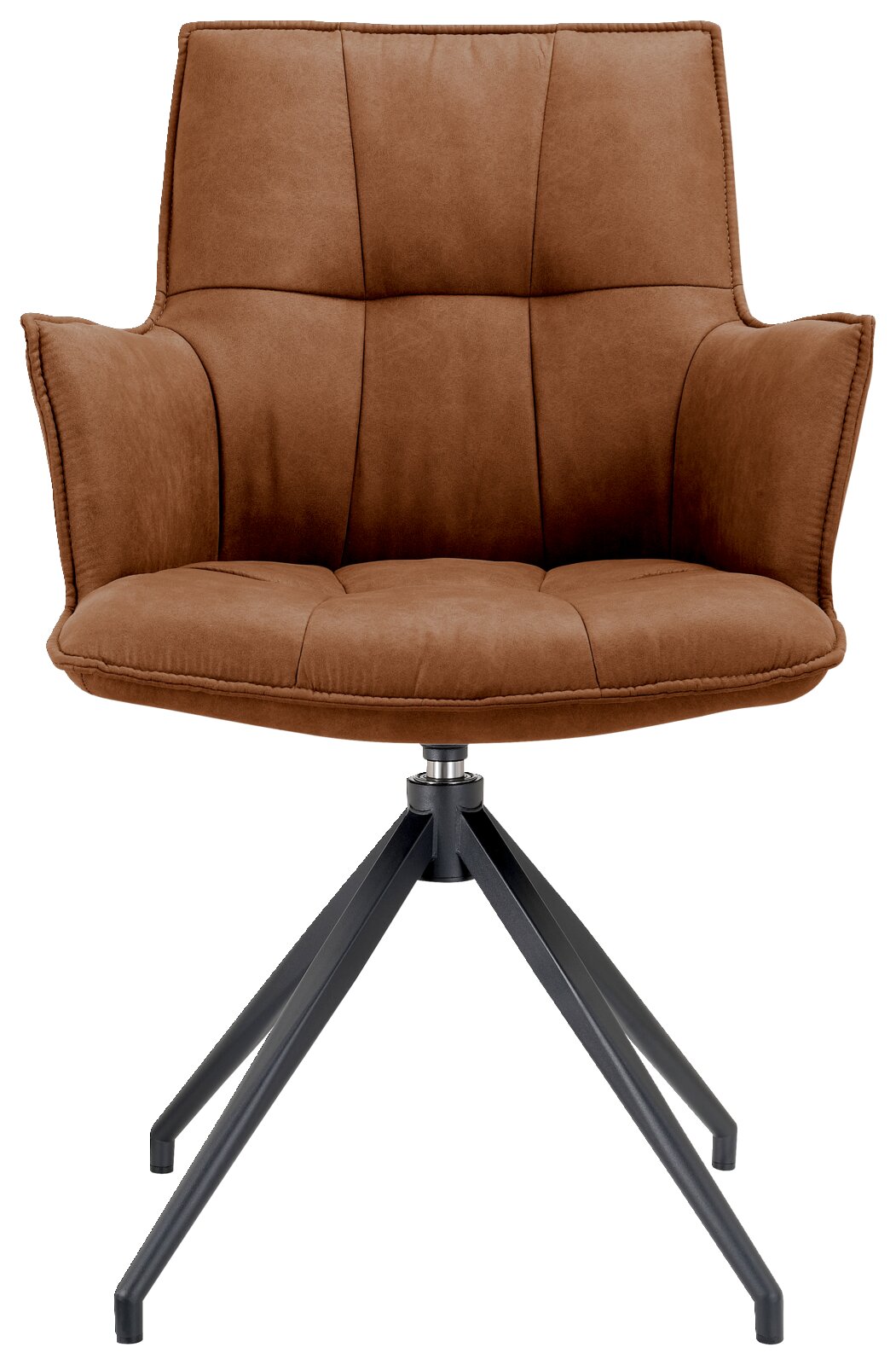 Moderne bruine fauteuil met gestoffeerde zitting en rugleuning, op een zwart metalen onderstel, vooraanzicht.