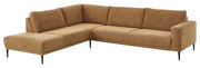 Ecksofa in braunem Stoff mit schwarzem Metallfüßen, Perspektive von vorne links