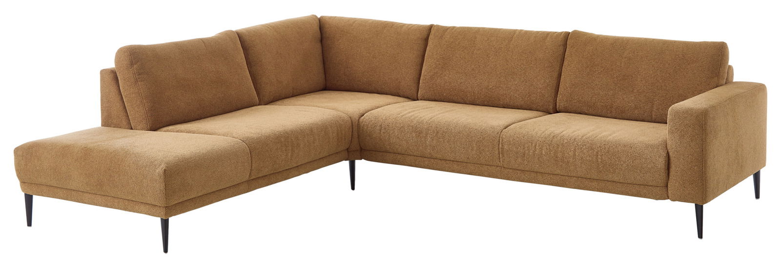 Ecksofa in braunem Stoff mit schwarzem Metallfüßen, Perspektive von vorne links