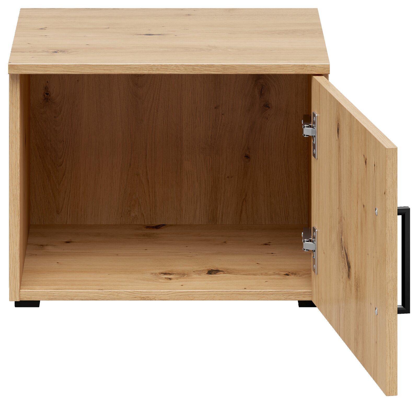 Offener Aufsatzschrank aus Holz mit geöffneter Tür, Frontalansicht