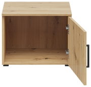 Offener Aufsatzschrank aus Holz mit geöffneter Tür, Frontalansicht