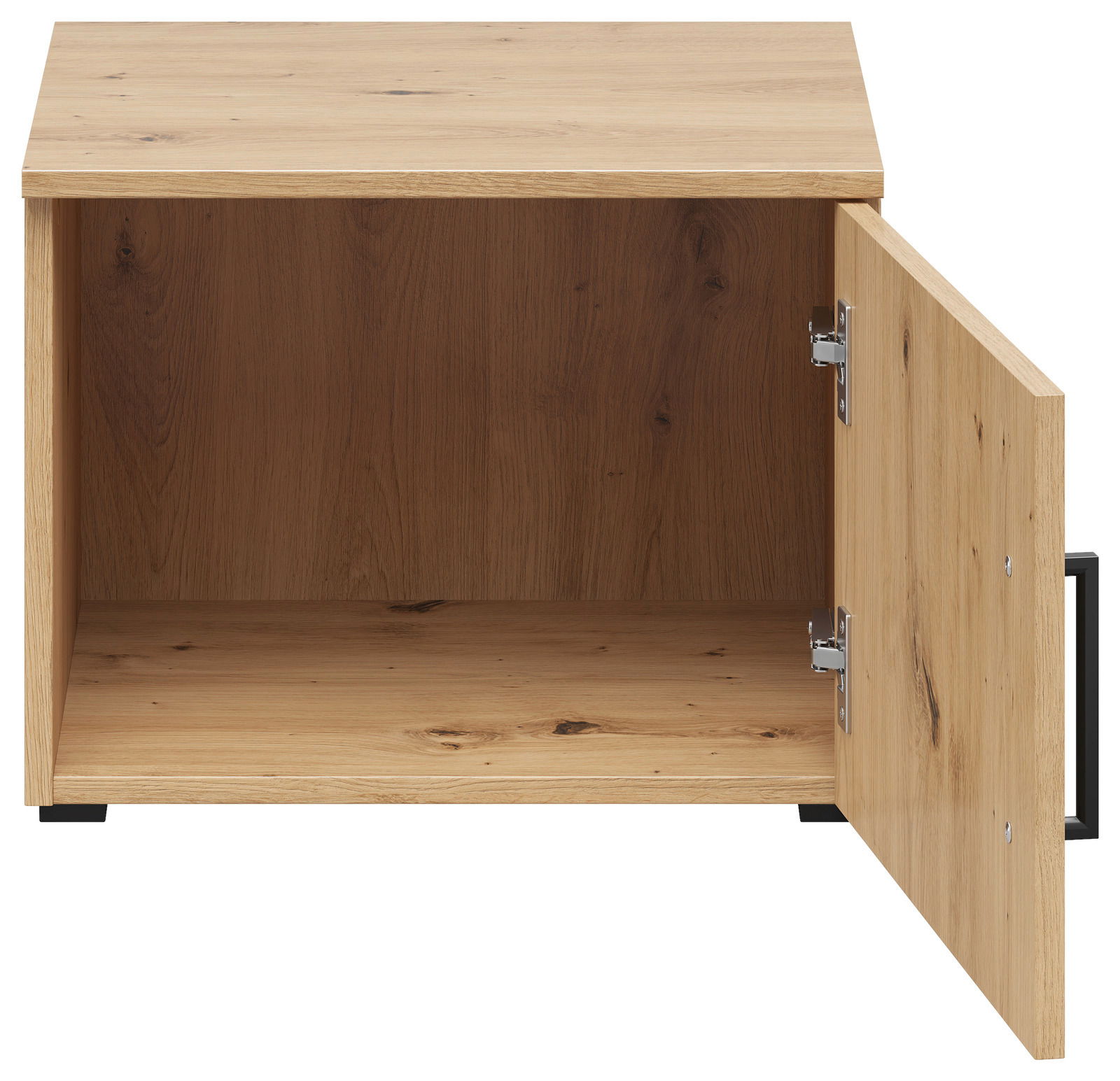 Offener Aufsatzschrank aus Holz mit geöffneter Tür, Frontalansicht