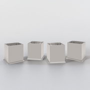 Vier quadratische, silberne Metallfüße für einen Waschbeckenunterschrank, frontal abgebildet.