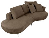 Braunes Sofa mit runder Ecke und Ottomane rechts, Ansicht von schräg oben.