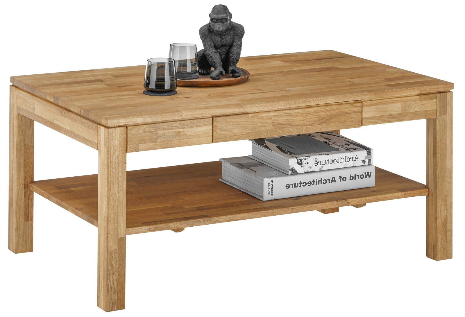 Holz-Couchtisch mit zwei Ebenen, dekoriert mit Gläsern und einer Affenfigur, seitliche Perspektive