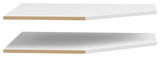 Zwei weiße Eckböden aus Holzwerkstoff, übereinander schwebend, mit sichtbarer Kante, perspektivisch von der Seite betrachtet.