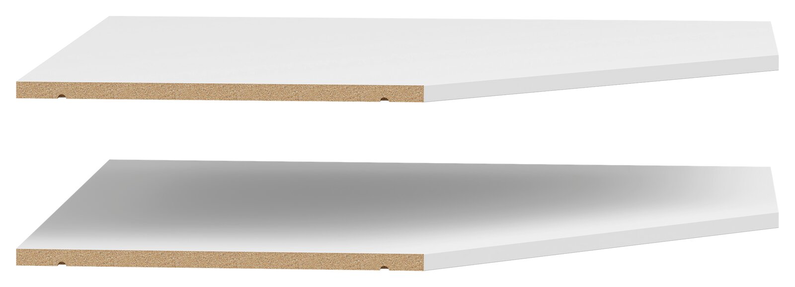 Carryhome Eckboden 2er MULTISTAURAUM Zwei weiße Eckböden aus Holzwerkstoff, übereinander schwebend, mit sichtbarer Kante, perspektivisch von der Seite betrachtet.