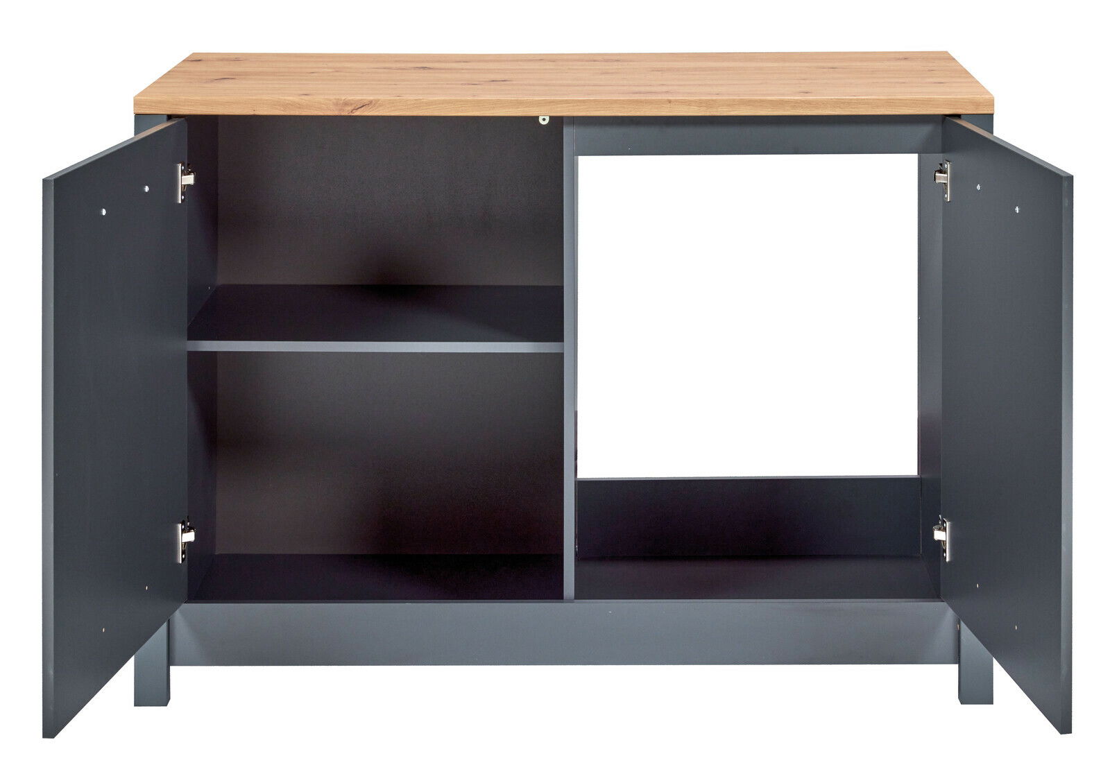 Offener Spülenunterschrank mit zwei Türen, Holzarbeitsplatte und einem Regalbrett, frontal betrachtet.