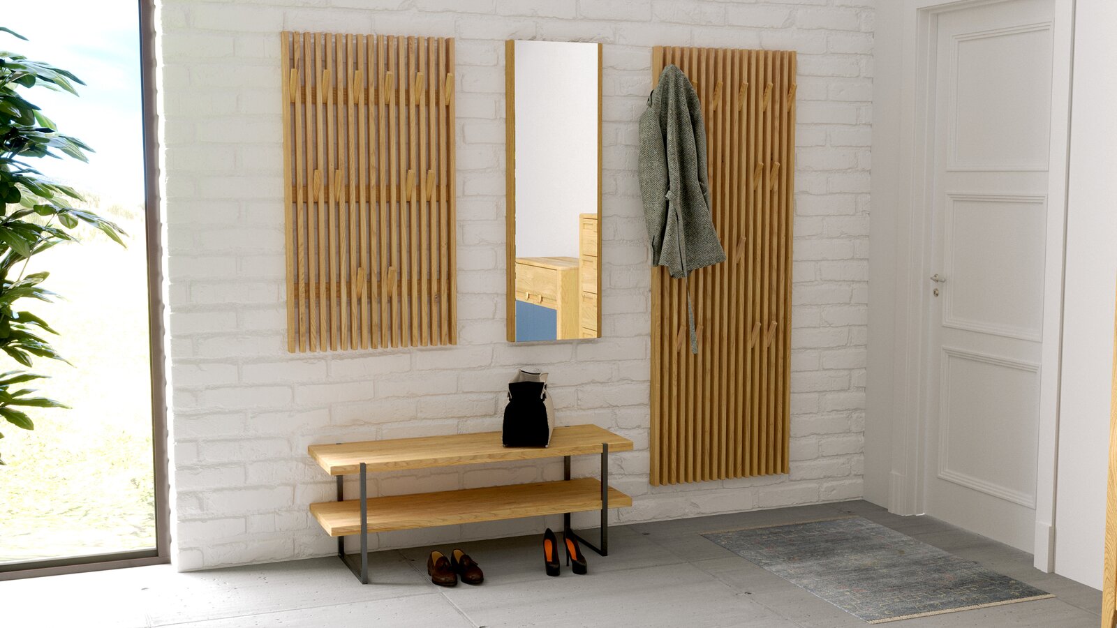 Garderoben-Set mit Spiegel und Holzpaneelen, seitliche Perspektive