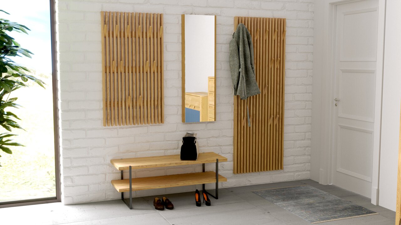 Garderoben-Set mit Spiegel und Holzpaneelen, seitliche Perspektive