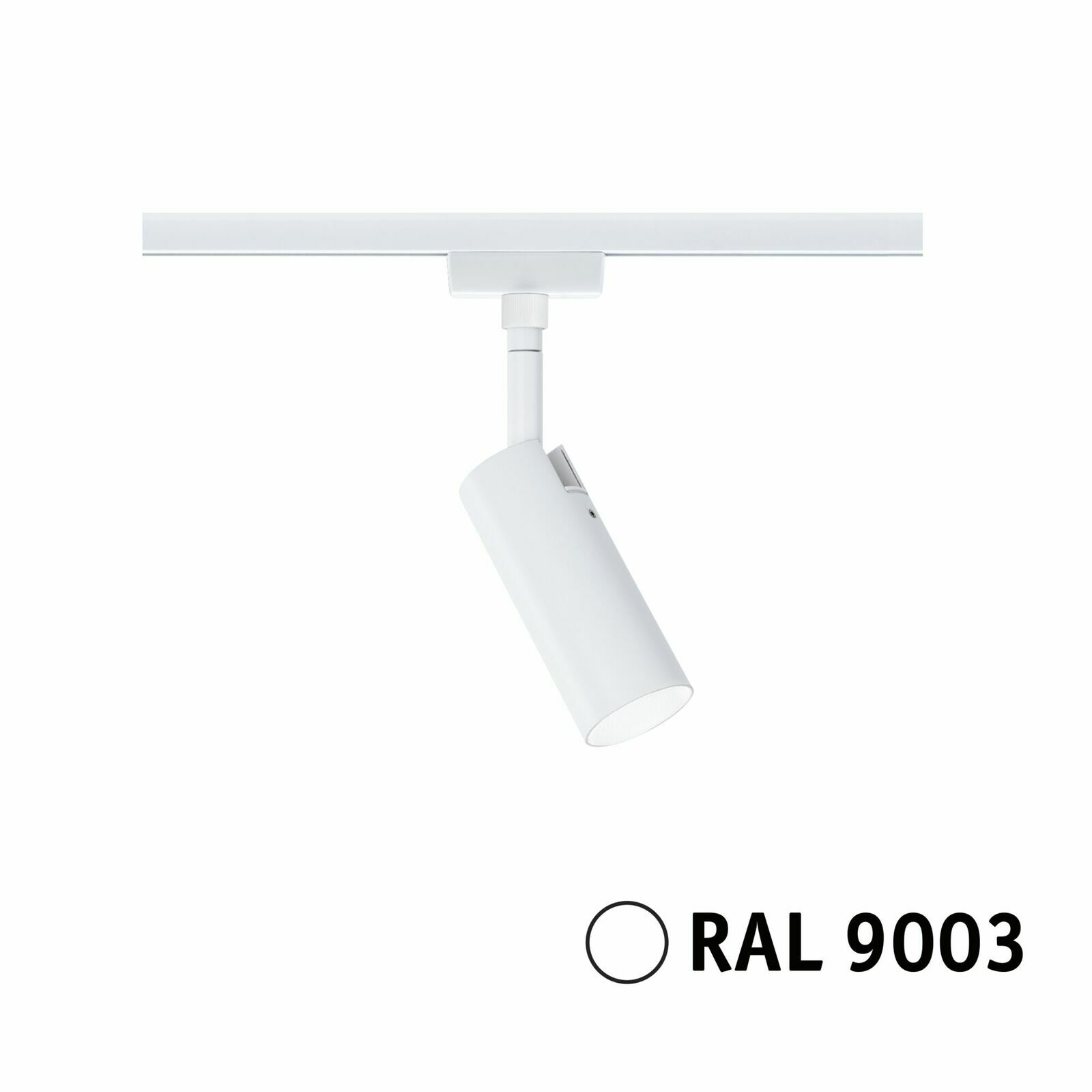 Weißer Schienenspot Tubo in RAL 9003, seitliche Perspektive