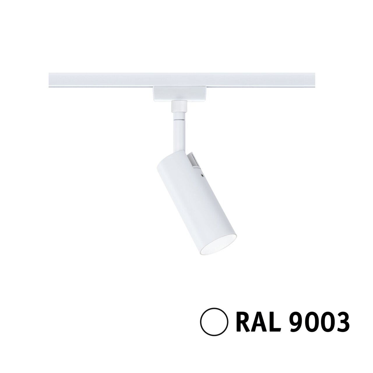 Weißer Schienenspot Tubo in RAL 9003, seitliche Perspektive