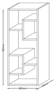 Technische Zeichnung eines schmalen Standregals mit versetzten offenen Fächern, Maße ca. 920 x 360 x 145 mm, dargestellt in schräger Frontansicht (Perspektive von vorn links).