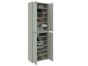 XXL-Schuh- und Mehrzweckschrank in hellem Grün mit geöffneter Tür, zeigt mehrere Regalböden mit Schuhen, seitliche Perspektive