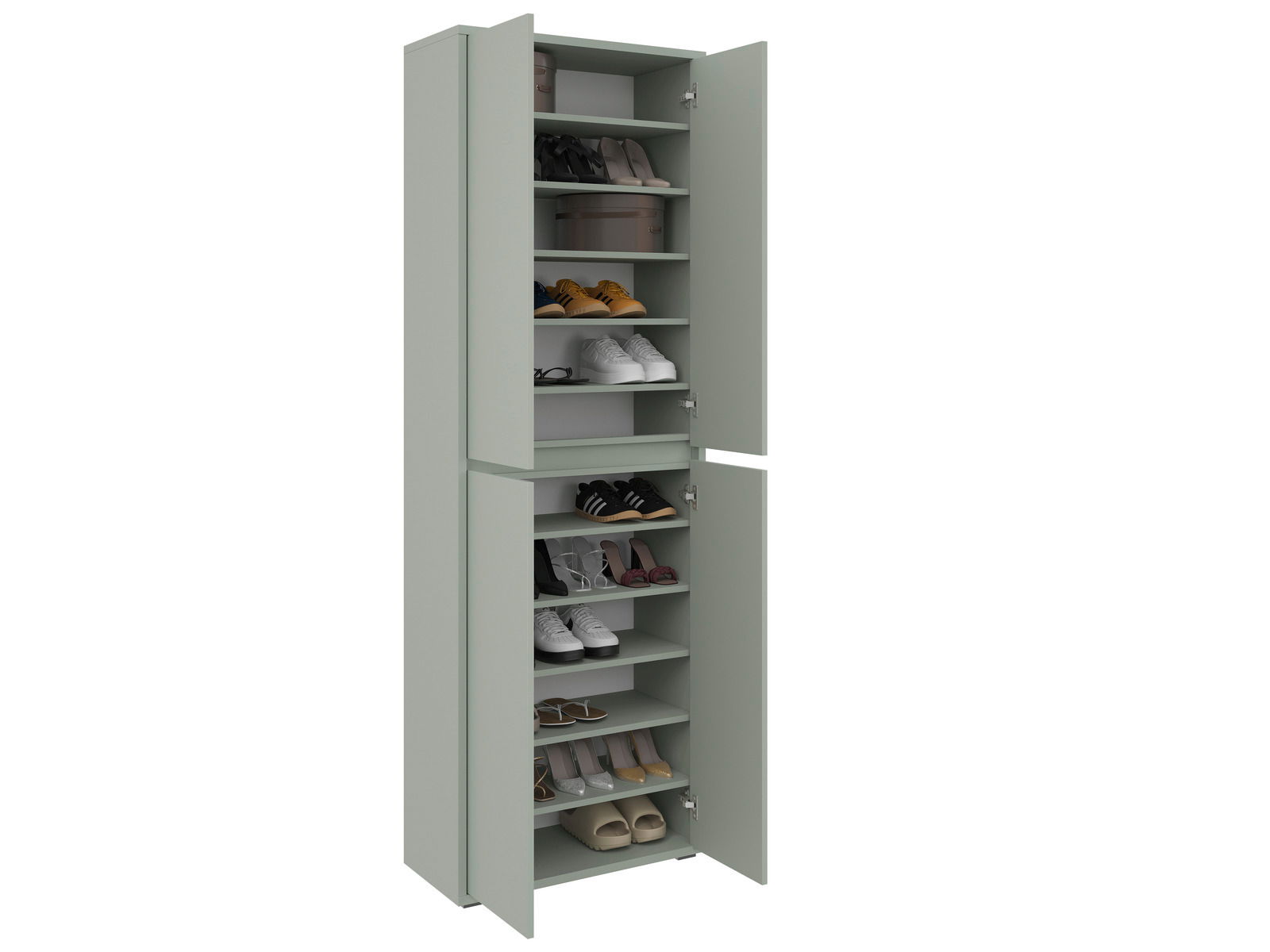 XXL-Schuh- und Mehrzweckschrank in hellem Grün mit geöffneter Tür, zeigt mehrere Regalböden mit Schuhen, seitliche Perspektive