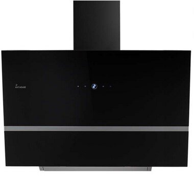 Moderne schwarze Dunstabzugshaube mit Touch-Bedienfeld, frontale Ansicht