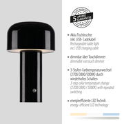 Schwarze Akku-Tischleuchte AGNES mit Touchdimmer, USB-Ladekabel und 3-Stufen-Farbtemperaturwechsel, seitliche Perspektive.