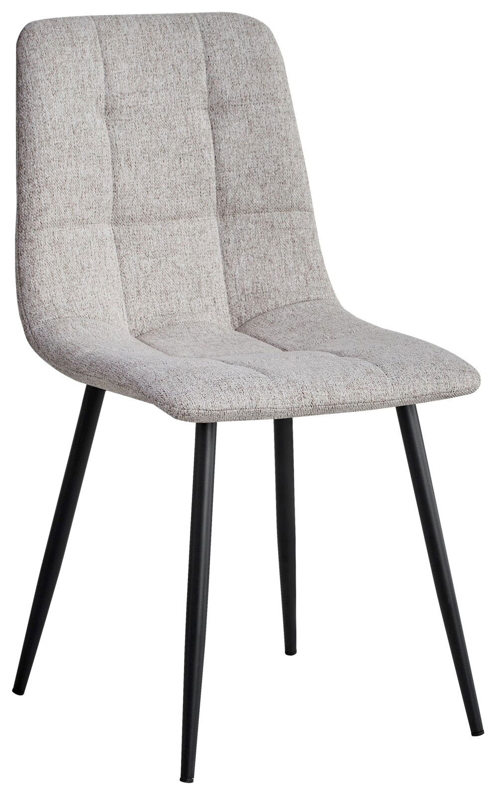 Moderner Stuhl mit grauem Stoffbezug und schwarzen Metallbeinen, seitliche Perspektive
