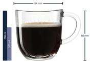 Glas-Tasse Napoli mit 280 ml Fassungsvermögen, gefüllt mit schwarzem Kaffee, seitliche Ansicht