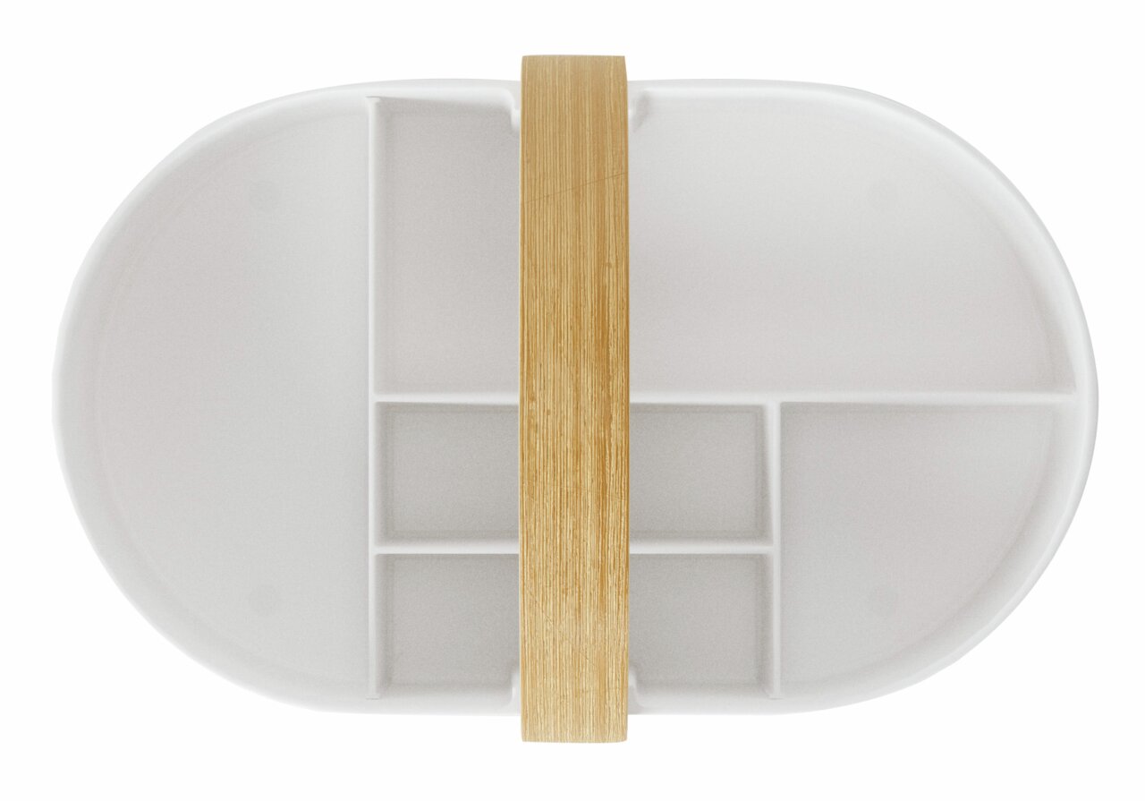 Ovale Aufbewahrungsbox mit mehreren Fächern und einem Holzgriff, Ansicht von oben.