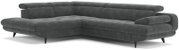Donkergrijze hoekbank met chaise longue, verstelbare hoofdsteunen en slanke zwarte poten, gefotografeerd schuin van voren (3/4-aanzicht) op een witte achtergrond