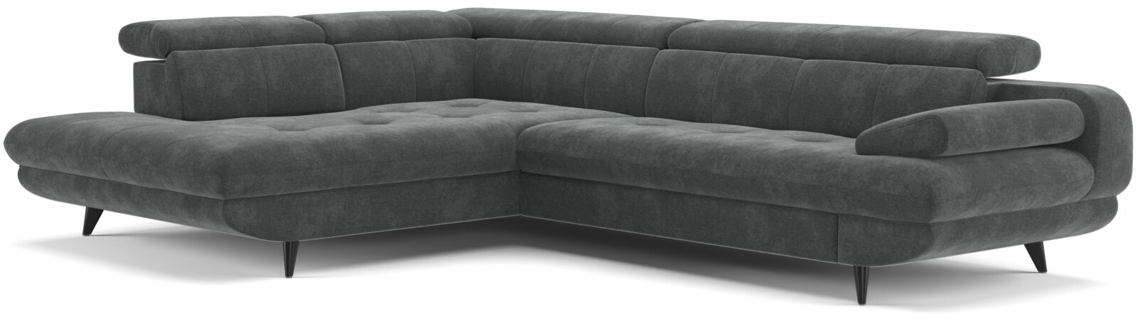 Donkergrijze hoekbank met chaise longue, verstelbare hoofdsteunen en slanke zwarte poten, gefotografeerd schuin van voren (3/4-aanzicht) op een witte achtergrond