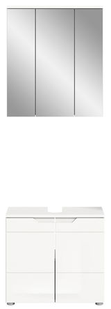 Frontale Ansicht einer modernen Badkombination mit einem dreiteiligen Spiegelschrank und einem weißen Unterschrank mit Schubladen.