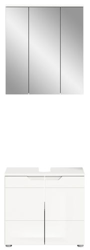 Frontale Ansicht einer modernen Badkombination mit einem dreiteiligen Spiegelschrank und einem weißen Unterschrank mit Schubladen.